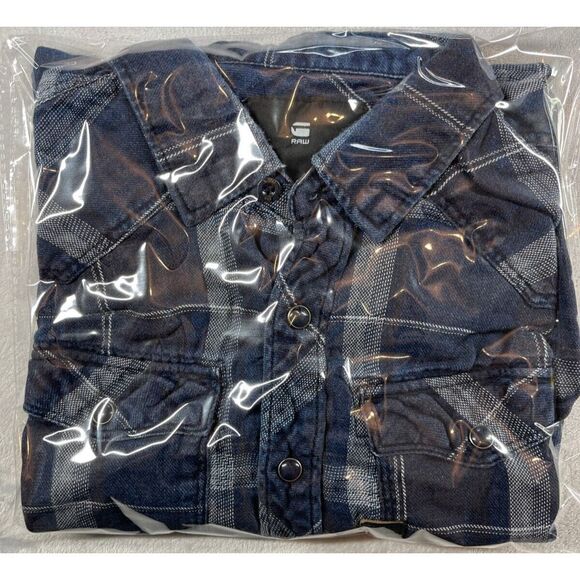 G Star Raw 3301 Slim Fit Blue Plaid Long Sleeve Snap Button Shirt Small - Picture 9 of 9